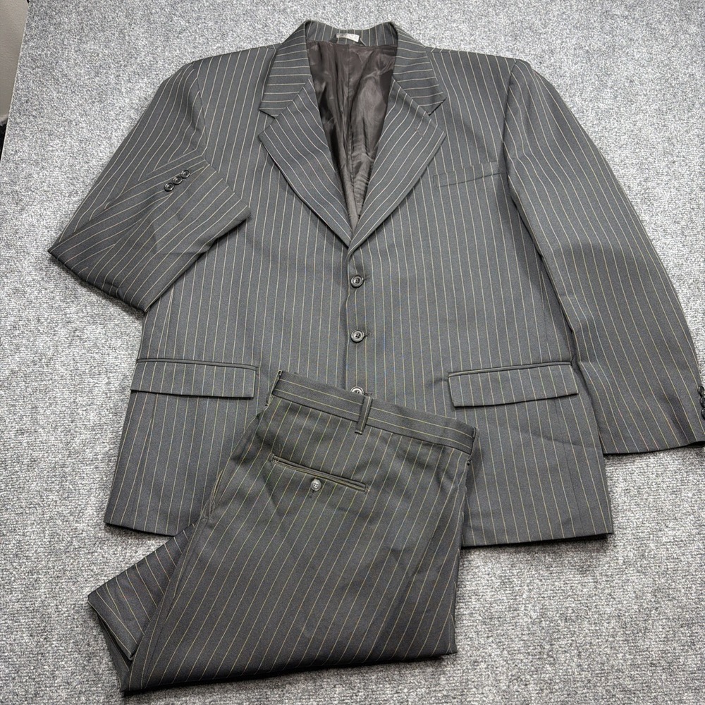 VTG 80s Suit Mens 48R FALCONE USA Made Pleated Pants 40x31 Chalk Line Full Black